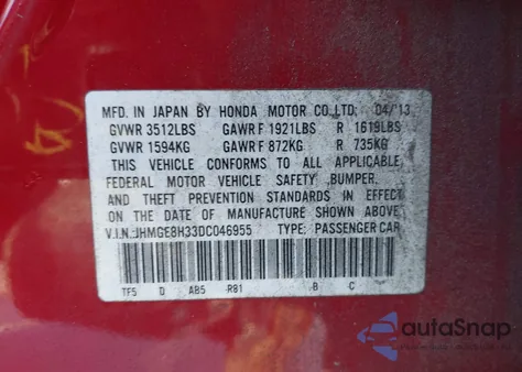 2013 Honda Fit z USA, uszkodzony, nr VIN JHMGE8H33DC046955